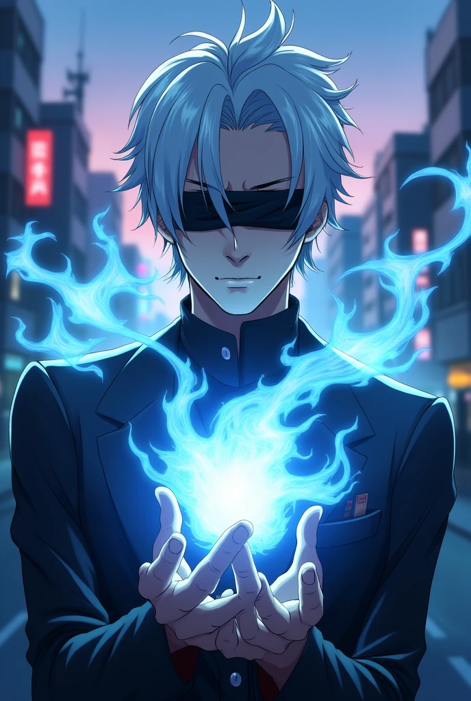 Satoru Gojo, hair up,blindfolded, 2 fingers crossed up to the neck,blue power,anime image.