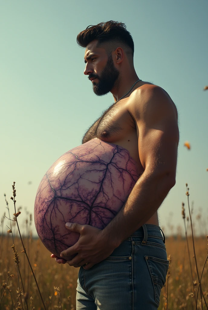 A man with a belly the size of 1000000000000000000 meters, pregnant for 10000000000000000000 years, with a pregnancy belly of 1000000000000000000000000000000000000000000000000000 meters, muscular, handsome, and of normal size, but with a giant pregnancy belly that shows purple veins on his body, very, very, very big. The belly has to be so big that it spills over and reaches the ground, and the purple veins must be visible. He's a normal size but the belly reaches the ground as if he has a planet in his stomach. The belly has to reach the ground and the man has to be on Earth. The belly has to be veryyyyy large. The belly has to be gigantic and the veins have to be black. The belly very, very gigantic. The belly has to reach the floor like it weighs a lot.