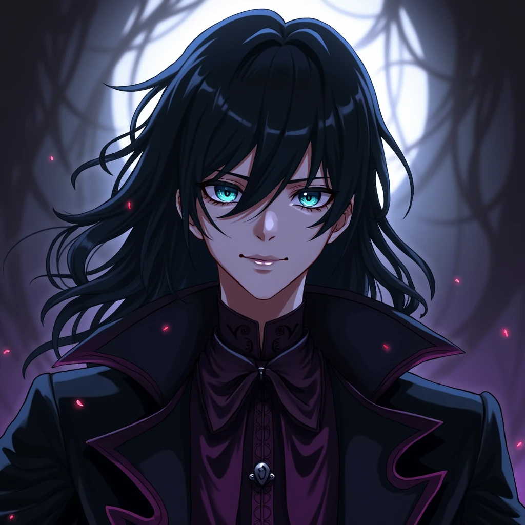 A sexy young male, black long hair, teal blue eyes. Gothic clothes. (Male) (no facial or body hair)) masterpiece, best quality, ultra-detailed, best shadow), (detailed background) (Purple and black) pretty handsome. Sexy Cute. No facial hair. No body hair. Wink. Seductive. Sexy. Pale and white skin. Smirking. Anime style. Blood. Vampire. Sexy. Death note style.