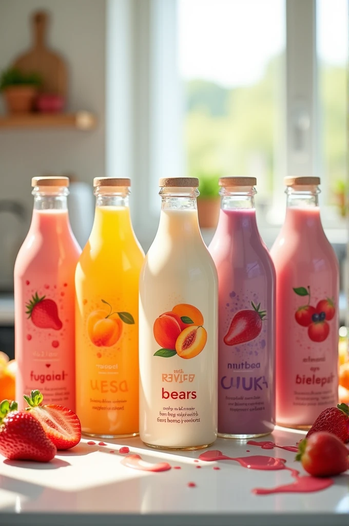 Five large plastic bottles of yogurt, 900mg each, with strawberry flavors, peach, bugbear, fruit salad and plum. 