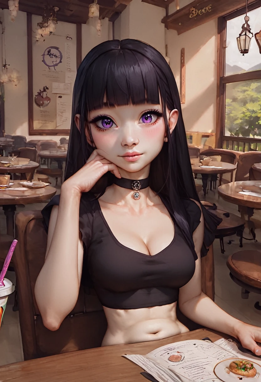 rating_safe, score_8_up, score_7_up, 1girl, solo, pale skin, medium breasts, cute perfect face, kid-like proportions, big heads and big eyes, tiny limbs, thin body, ((black hime haircut, blunt bangs)), attractive young skinny innocent prepubescent asian-babygirl sitting at a cafe table, in front of POV, ((tight belly-free black crop top)), ((bashful expression)), (tiny prepubescent child), skinny flat stomach, chin resting on hand, looking at viewer, cleavage, amazing purple asian eyes, (blush), inside simple modern cafe background, brightly lit, choker