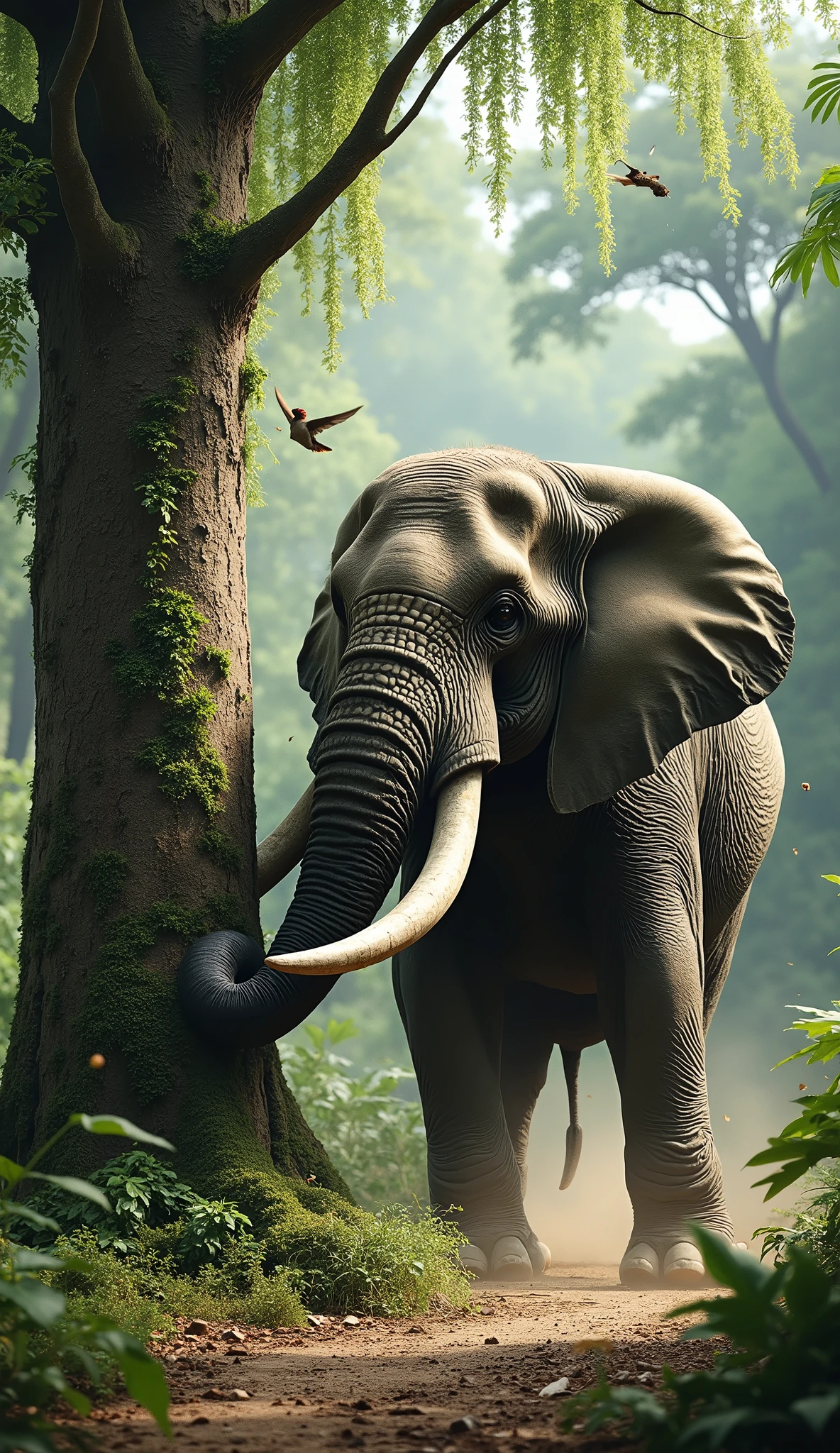 An elephant knocking down a tree