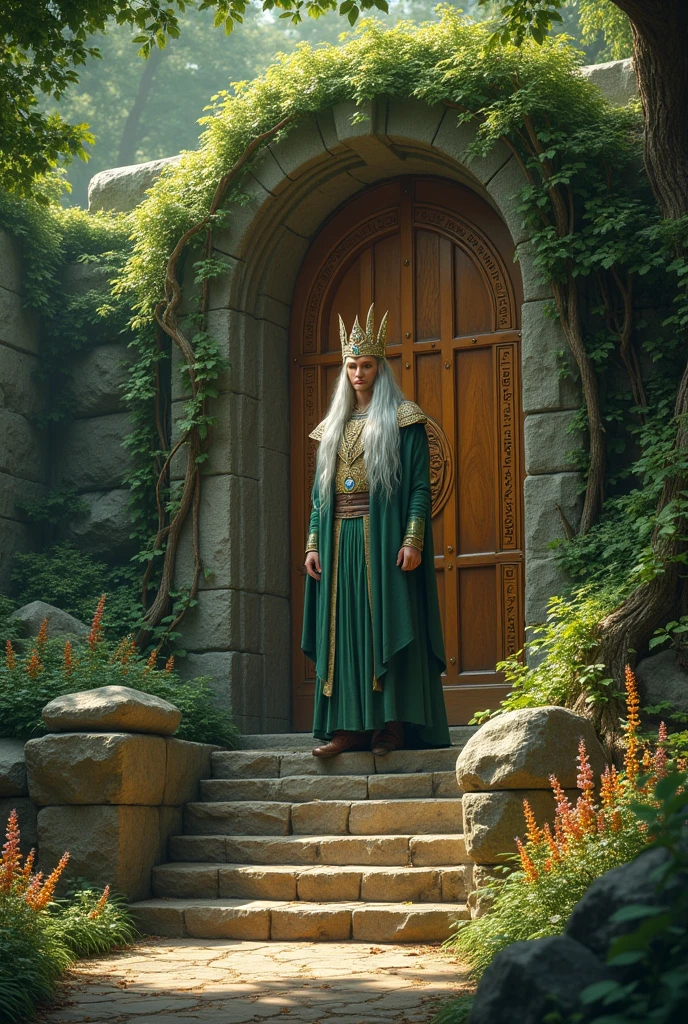Strikingly Beautiful  Elf King Thranduil standing on steps in front of a great wooden door 