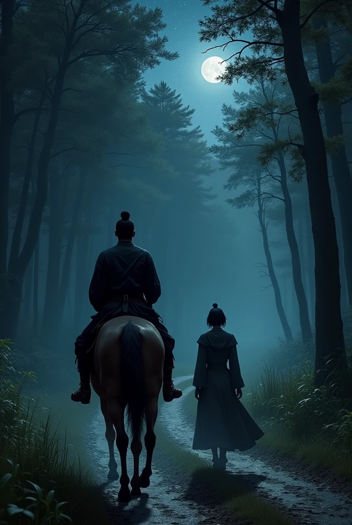 Um homem de cabelos pretos, brown skin, Cao Cao, wears old clothes and dresses all in black, He is riding a horse and the scene is a dirt road surrounded by a dense forest in the middle of the night and riding in front of him is a woman with short black hair who looks back and stares at him..

