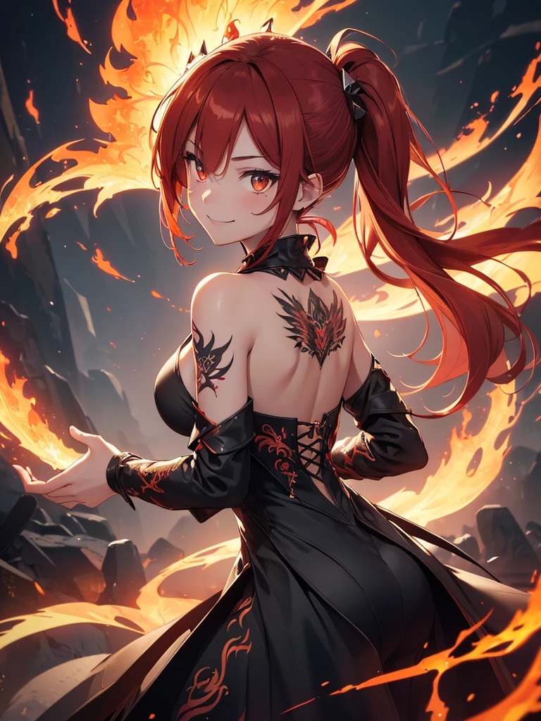 (((best quality, sharp image, clear image, cinematic lighting, 8k resolution, masterpiece, ultra detailed, intricate))) Girl casting magic, (((looking over left shoulder))), (shot from behind), ((shot from hip up)), fiery red hair, pigtails, ((intricate black dress)), ((flaming sigils, flaming runes)), spiky rock formations, (flaming lotus flowers frame), (intricate background), (chaotic background), ((Phoenix)), (swirling flames), smiling,tatoo on back