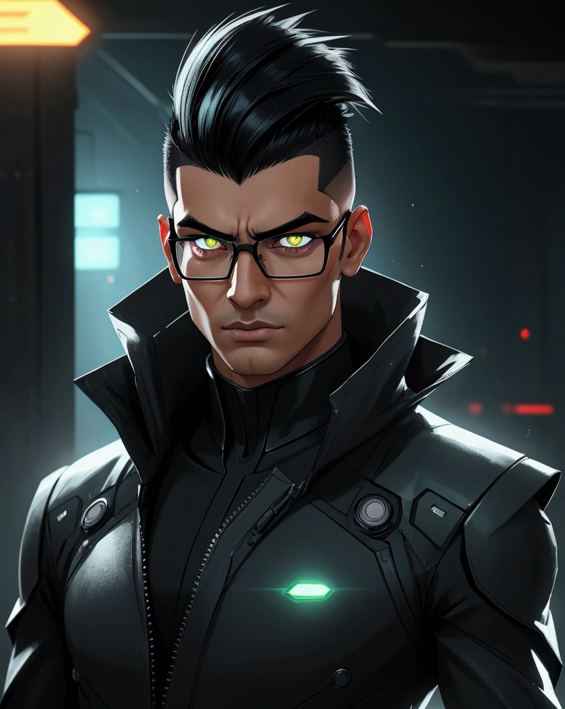 (appearance) a young man of South Asian race, with black hair, slightly narrow green eyes eyes, (suite) dressed in thick black raincoat of the future with luminous elements, opaque glasses of the future with luminous lenses, rimless bottom, (hairstyle) almost completely shaved head, shaved temples, In the middle is a mohawk, narrow and short mohawk, narrow mohawk with cutouts, (effects) 8k quality, sharp focus,fine details, HDR, realism, realistic, key visual, film still, cinematic color grading, depth of field, background cyberpank 2077, Night, neon light, (emotional) a stern face, with glowing eyes, A face in partial shade, expressive look, expressive face, sci-fi, telephoto shot, chromatic aberrations, tilt-shift effect, light leaks, expressive narrow eyebrows