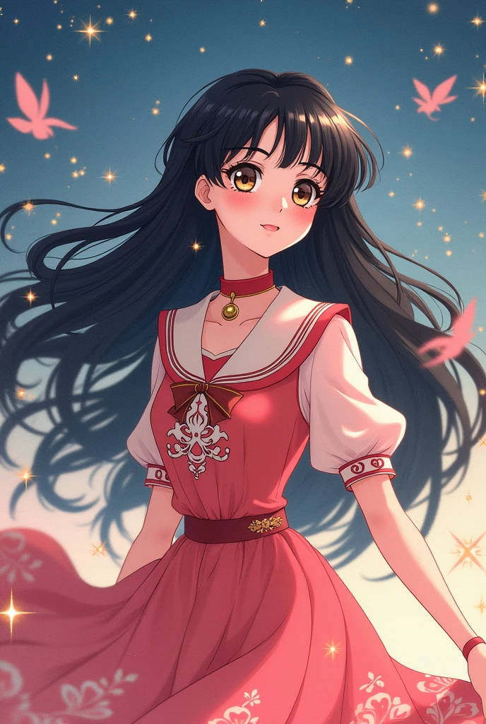 Sailor moon style old anime. A girl with wavy long black hair and short straight bangs, dressed in a pink and red sailor dress, pale skin, brown eyes and a turned-up nose. Russian influence.