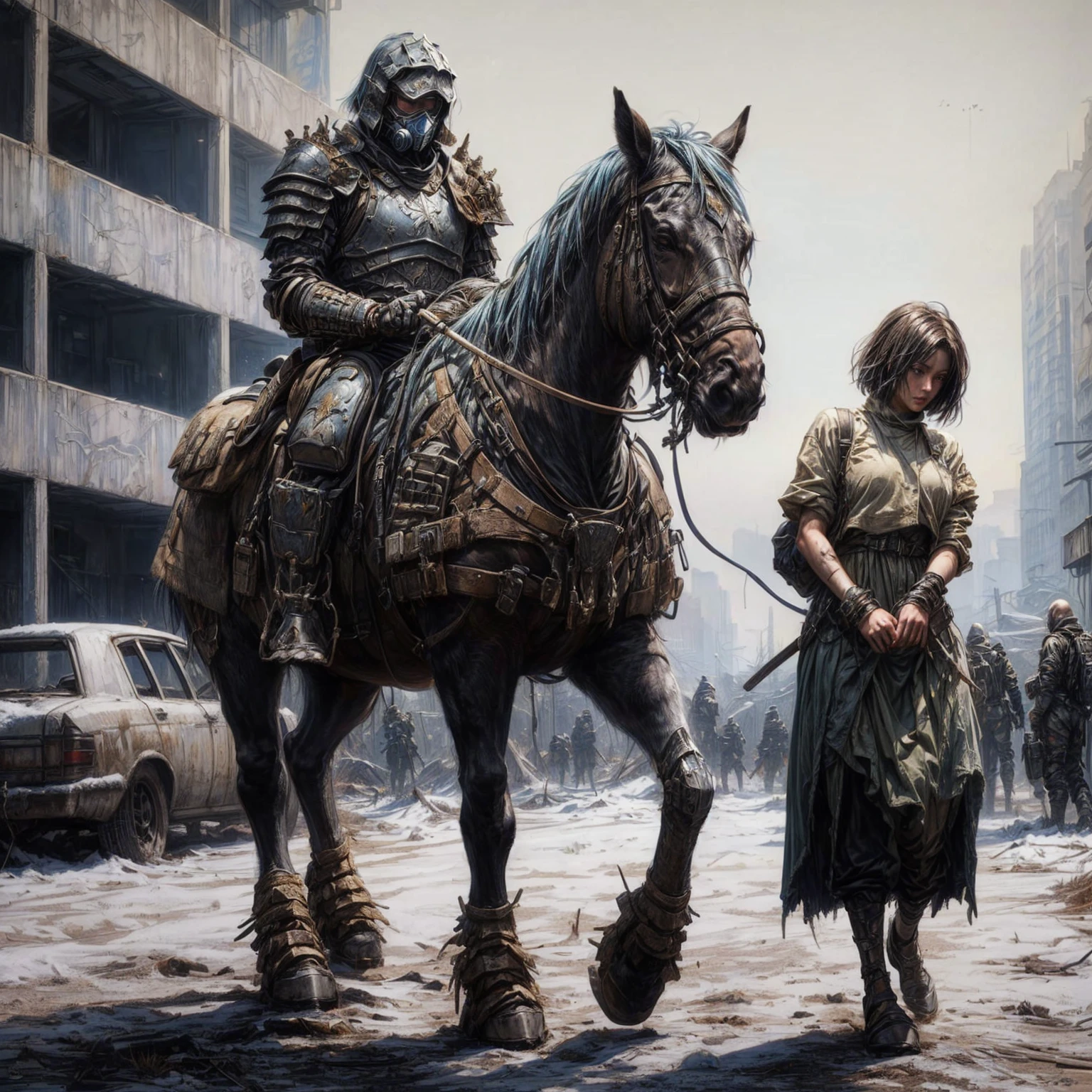 an armored rider and a female prisoner in a post apocalyptic city, post - apocalyptic warriors, by Hiroyuki Tajima, by Ludwik Konarzewski, highly realistic concept art, set in post apocalyptic tokyo, by Darek Zabrocki, by Ludwik Konarzewski Jr, inspired by Igor Kieryluk