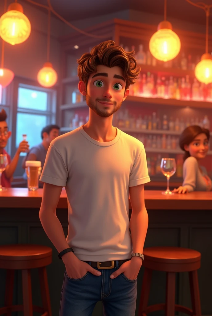 A young man with white t-shirt and jeans , brown hair and green eyes in a bar , pixar style, cinematic, masterpiece, high-aesthetic, realistic