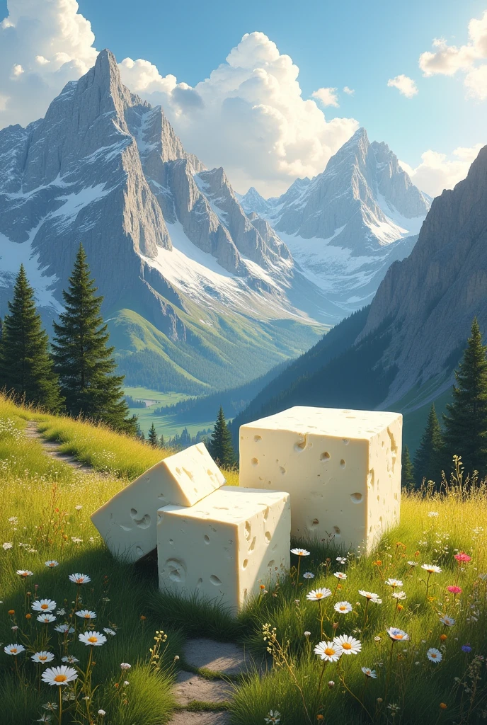 Huge blocks of feta cheese on alpes mountains