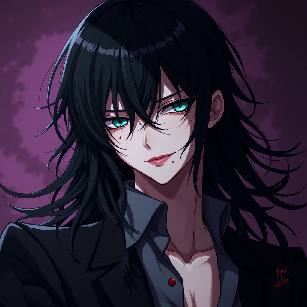 A sexy young male, black long hair, teal blue eyes. Gothic clothes. (Male) (no facial or body hair)) masterpiece, best quality, ultra-detailed, best shadow), (detailed background) (Purple and black) pretty handsome. Sexy Cute. No facial hair. No body hair. Wink. Seductive. Sexy. Pale and white skin. Smirking. Anime style. Blood. Vampire. Sexy. Death note style. Pink lips. SENSUAL.