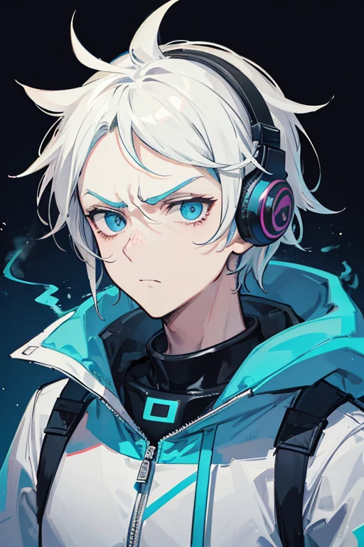 Rick Sanchez, a cartoon character from the animated TV series Rick and Morty, he is depicted in a portrait-style image, wearing a pair of dark blue headphones, typically used for gaming or music production, with a microphone attached to the left earpiece, against a space background that gives a sense of depth and atmosphere, with Rick's facial features highlighted, revealing his trademark scowl and thick, furrowed eyebrows prominent on his forehead, his complexion is pale and freckled and his iconic gray hair is unruly and messy, with some strands falling over the forehead, enquanto seus olhos, of a penetrating blue, He appears intensely focused,, as if deeply engrossed in an intense conversation or an audio experiment, with the overall style and aesthetics reminiscent of a comic book or animation illustration..