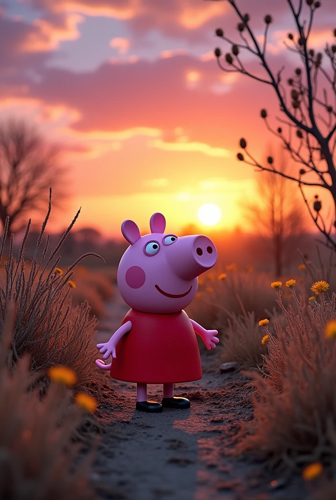 Sunset in a flowerless garden with Peppa Pig in the middle