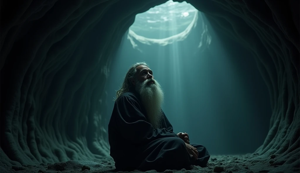 Dark image from inside the belly of a whale of a man with a long beard and slightly long hair inside the belly of the whale, sitting and looking contemplative and regretful, with a ray of light symbolizing hope.