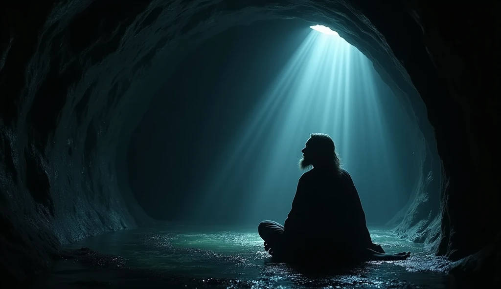 Dark image from inside the belly of a whale of a man with a long beard and slightly long hair inside the belly of the whale, sitting and looking contemplative and regretful, with a ray of light symbolizing hope. 