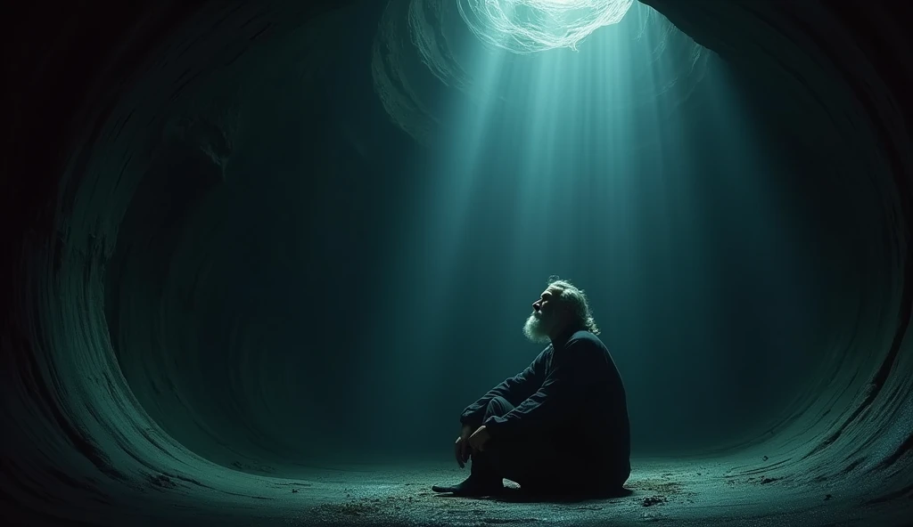 Dark image from inside the belly of a whale of a man with a long beard and slightly long hair inside the belly of the whale, sitting and looking contemplative and regretful, with a ray of light symbolizing hope. 