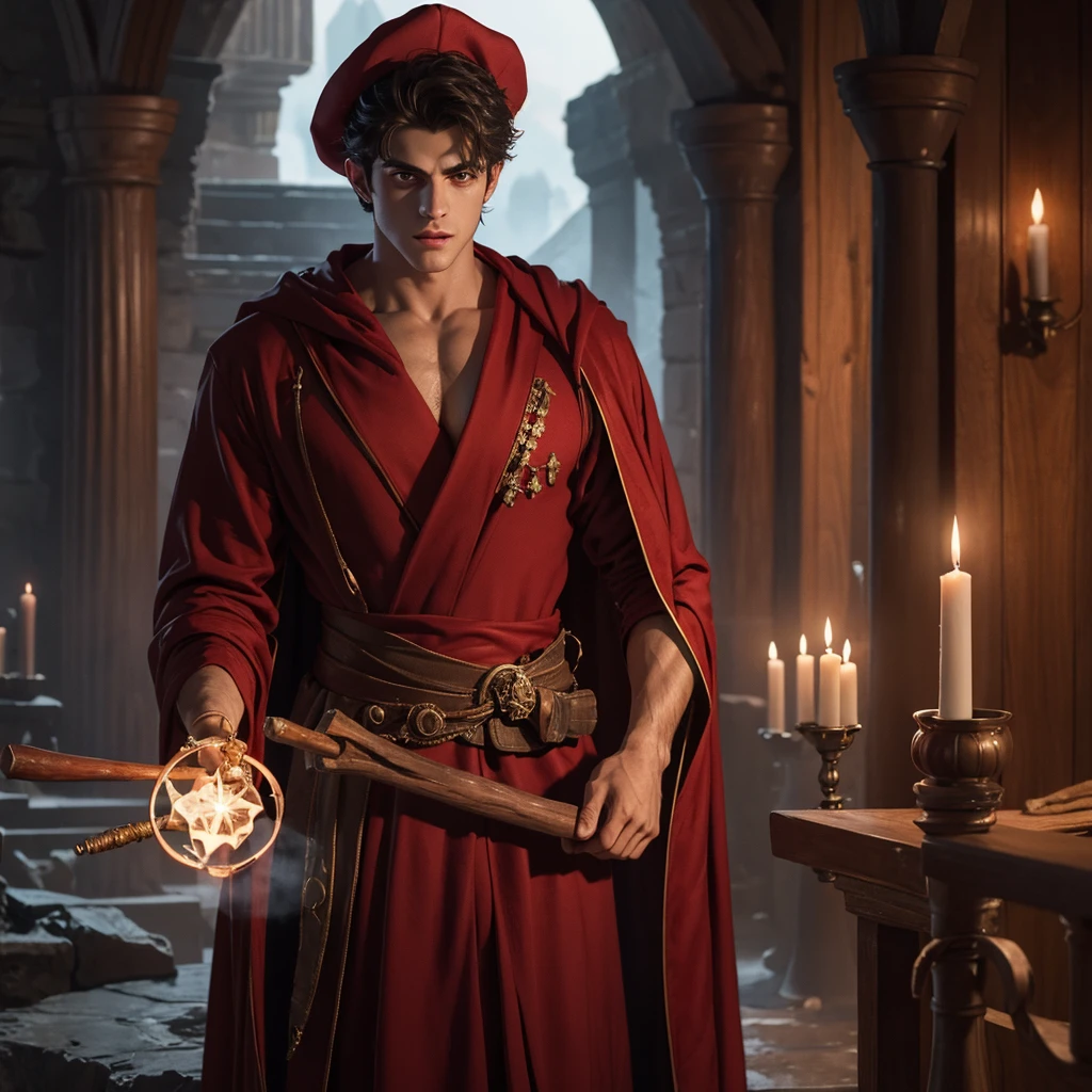 A muscular handsome young wizard, Matthew Daddario, extremely detailed eyes, beautiful detailed lips, extremely detailed face, looking at the viewers majestically, blood red robe, a wood wand with a blood crystal, sexy look, wizard hat, smooth skin, standing on a blood lake, blood magic, 