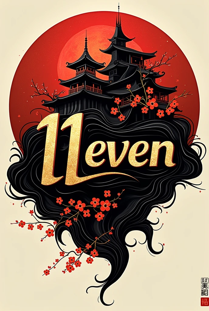 A logo with the word 11even, with golden hues, red, black and white, as well as certain Japanese Asian features 