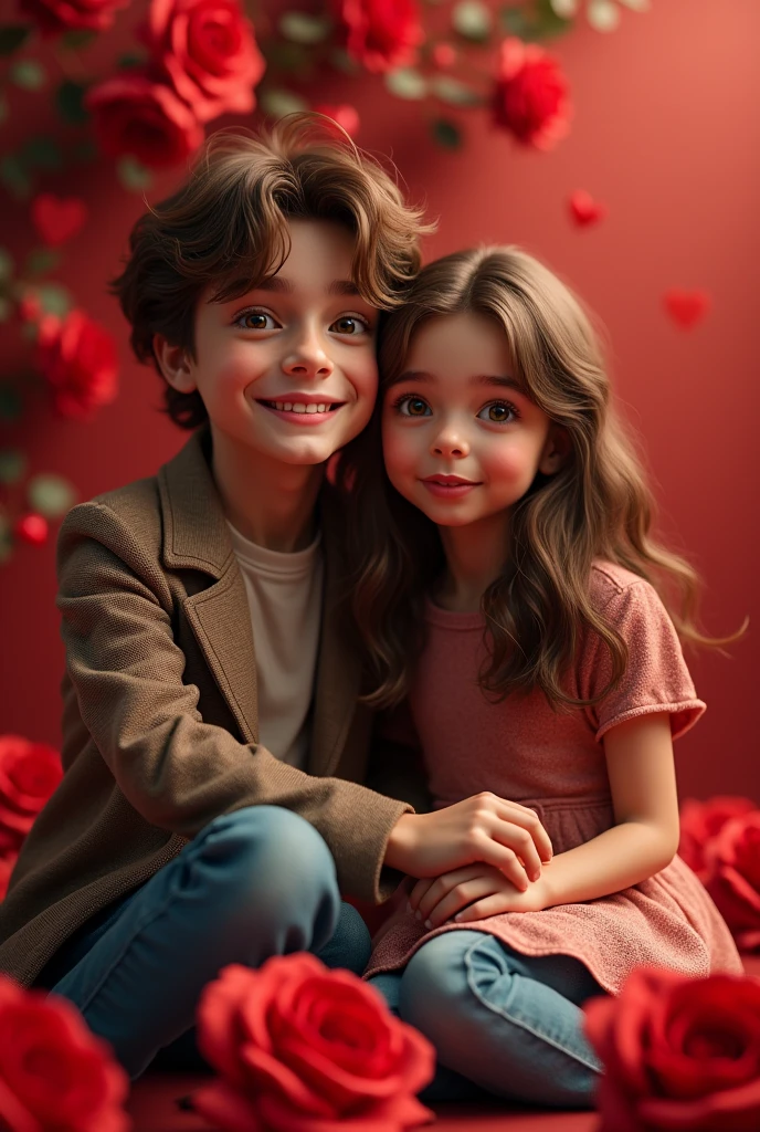 A youthful pair, a young man with chestnut hair and brown eyes, and a girl with flowing brown hair and matching brown eyes, grinning happily while seated atop the caption 'Zain and Madina.' The scene is adorned with lifelike red hearts and blooming red roses in the backdrop. Craft an ultra-HD, 3D masterpiece resembling a poster or photograph, intertwining elements of typography, dark fantasy, portrait photography, fashion, and bathed in soft, enchanting light