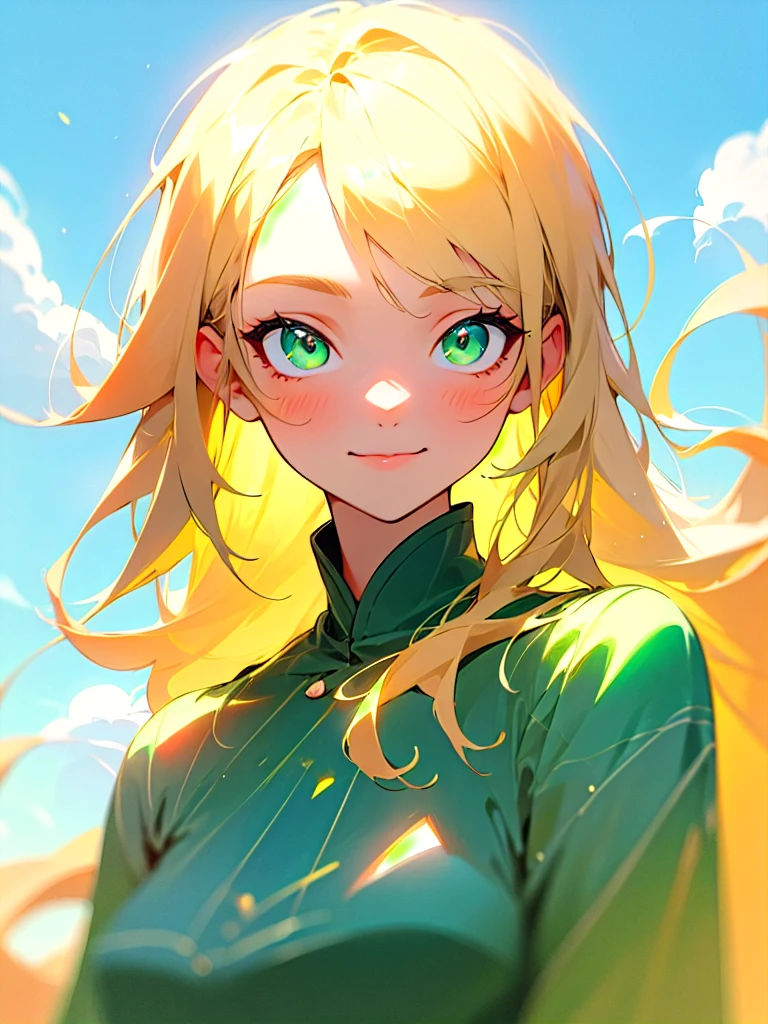 beautiful cute and gentle girl, blonde hair, green emerald eyes are glowing, shiny azure background with sky and clouds, mysterious look with gentle smile, blur and soft colors, non-portrait