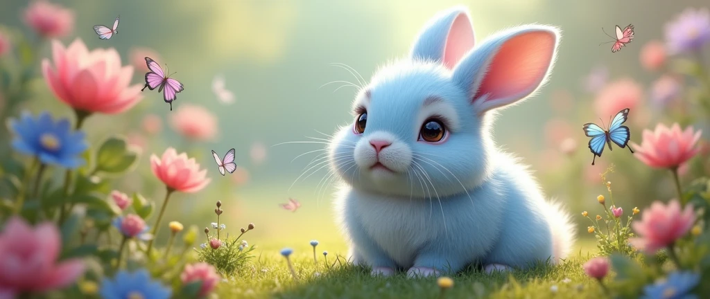 (translation:1.25), ((A fluffy, round, light blue rabbit:1.5, Genuine:1.8, Realistic:2.0)),translation,cute, a bit, baby, beautiful, Fantasy art, Deviant art, Trending Art Station, Digital Art, detailed, Realistic, Genuineのうさぎ, small,Cinematic shots,Cinematic portrait of rabbit, Aligned on the right,