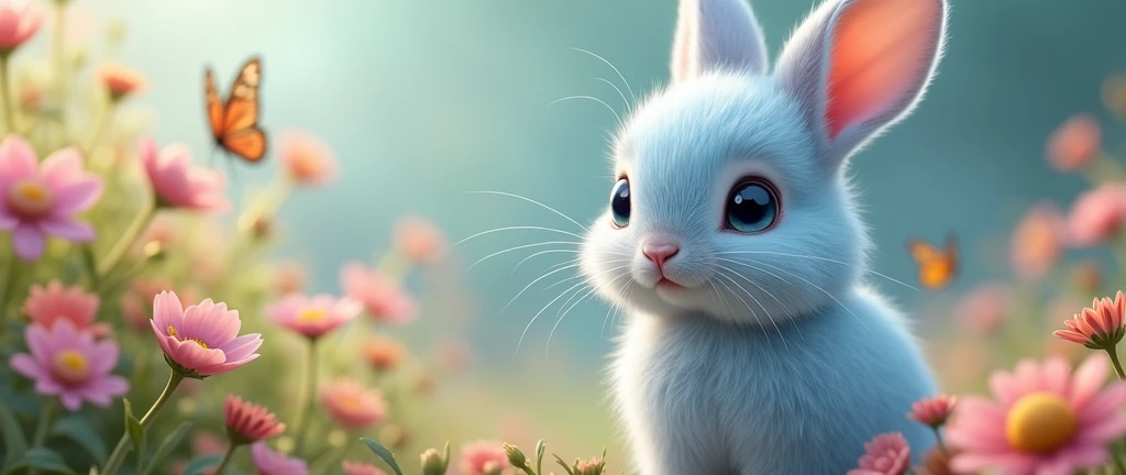 (translation:1.25), ((A fluffy, round, light blue rabbit:1.5, Genuine:1.8, Realistic:2.0)),translation,cute, a bit, baby, beautiful, Fantasy art, Deviant art, Trending Art Station, Digital Art, detailed, Realistic, Genuineのうさぎ, small,Cinematic shots,Cinematic portrait of rabbit, Aligned on the right,