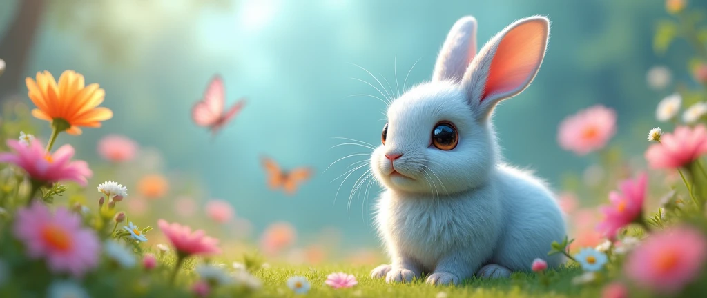 (translation:1.25), ((A fluffy, round, light blue rabbit:1.5, Genuine:1.8, Realistic:2.0)),translation,cute, a bit, baby, beautiful, Fantasy art, Deviant art, Trending Art Station, Digital Art, detailed, Realistic, Genuineのうさぎ, small,Cinematic shots,Cinematic portrait of rabbit, Aligned on the right,