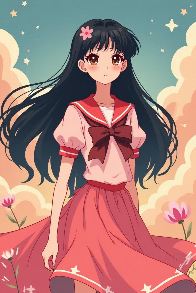 Sailor moon style old anime. A girl with wavy long black hair and short straight bangs, dressed in a pink and red sailor dress, pale skin, brown eyes and a turned-up nose. Russian influence.