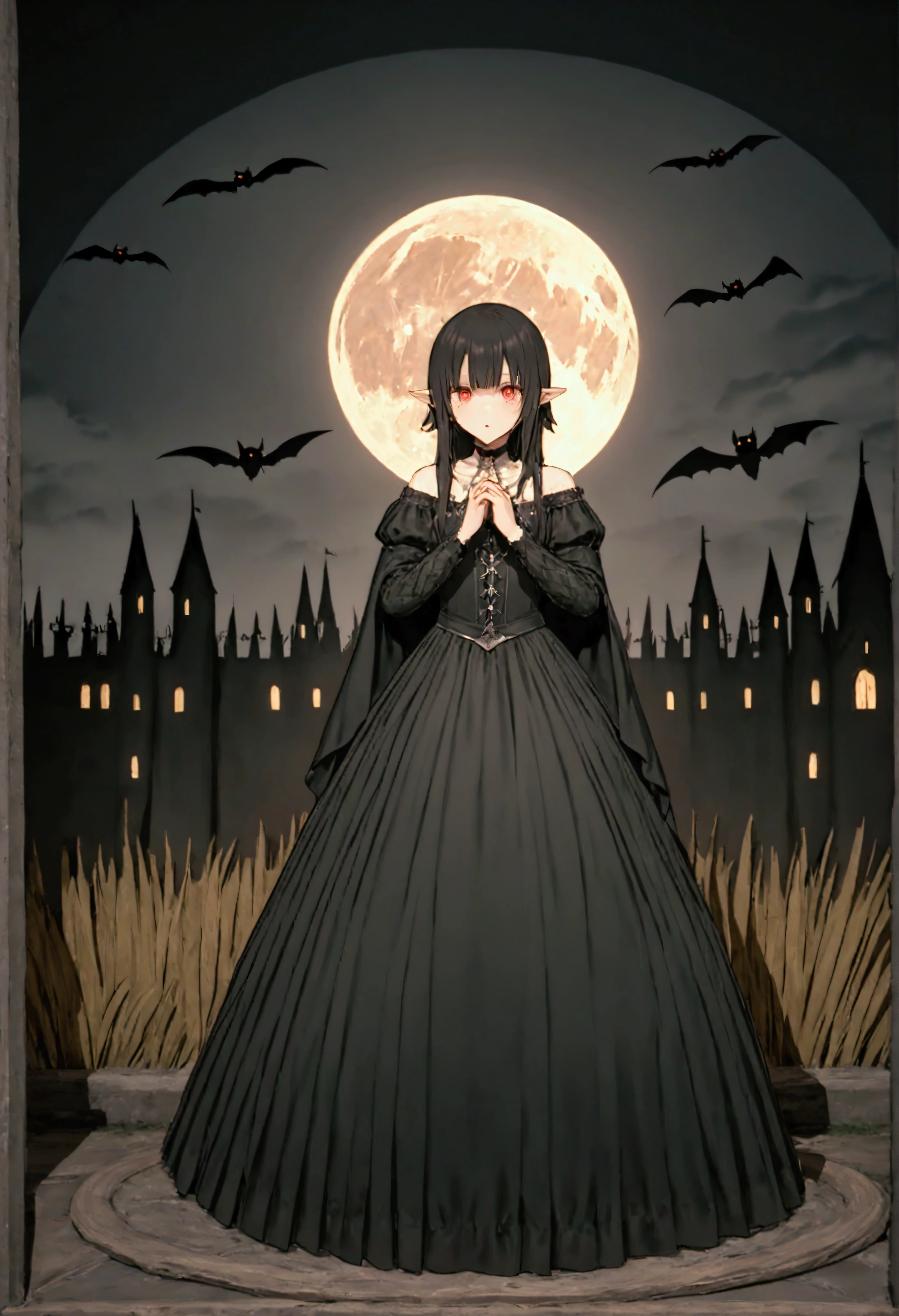 Imagine a scene set in the Middle Ages under the light of a full moon. In the center, a vampire with black hair and red eyes is in a posture of alarm, almost as if surprised or scared. Its appearance is somewhat monstrous, with pointed ears and sharp features. He wears dark and elegant clothes typical of the time, which highlights his gothic and mysterious nature. In front of him, there is a young woman with black hair, not very long, adorned with bangs that frame her face. His eyes are also black, reflecting fear as he holds a crucifix in both hands, protecting himself from the creature. She wears a simple but elegant dress, characteristic of medieval fashion. The background is dominated by a dark sky with a bright full moon, and several silhouettes of bats flying around, which adds an ominous and terrifying atmosphere to the scene.
