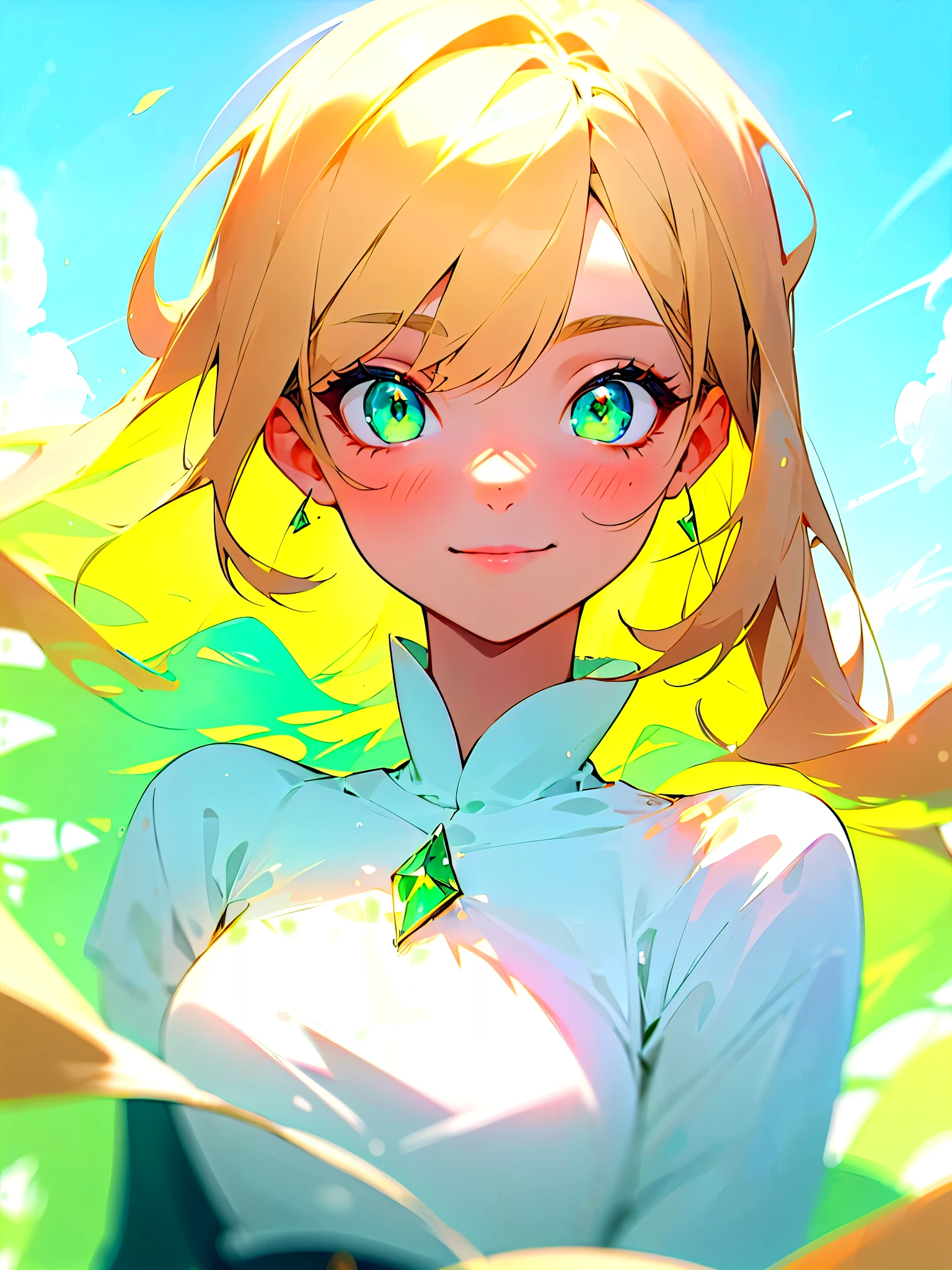 beautiful cute and gentle girl, blonde hair, green emerald eyes are glowing, shiny azure background with sky and clouds, mysterious look with gentle smile, blur and soft colors, non-portrait