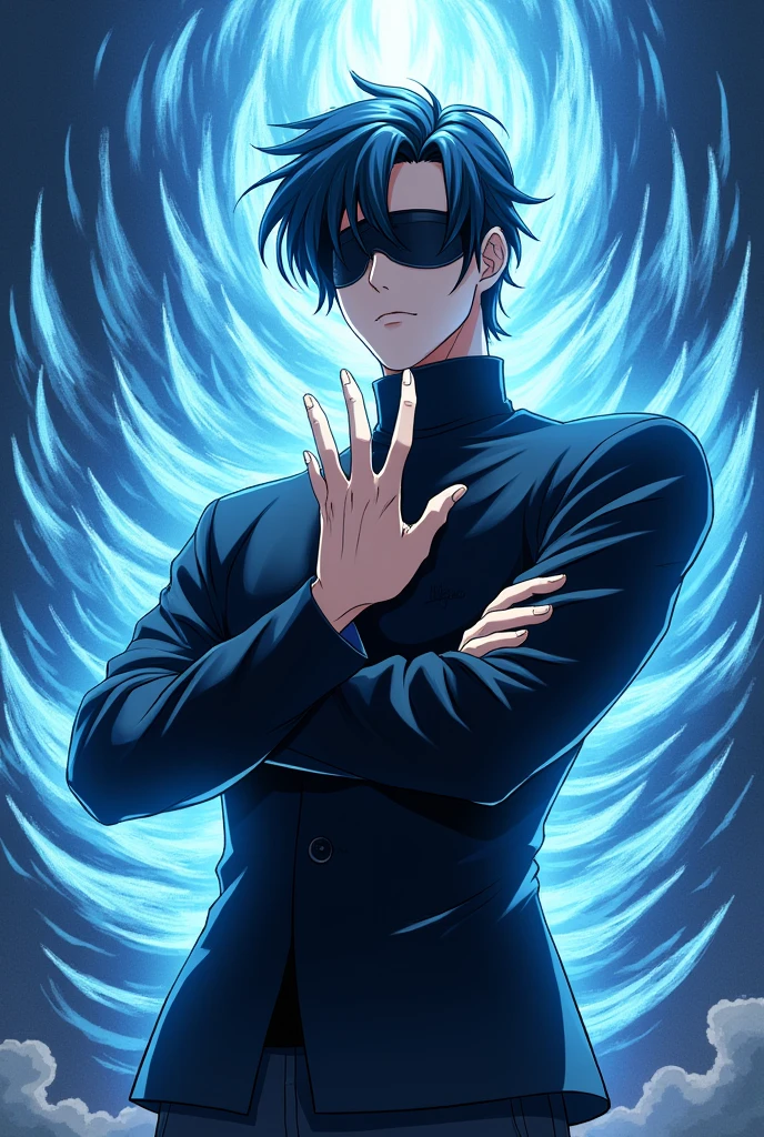 Satoru Gojo, hair up,blindfolded,large sale up to the eyebrow, 2 fingers crossed up to the neck,blue power,anime image.