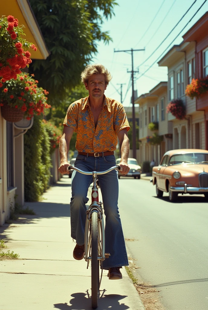 Image of a man from the 70s on a bicycle