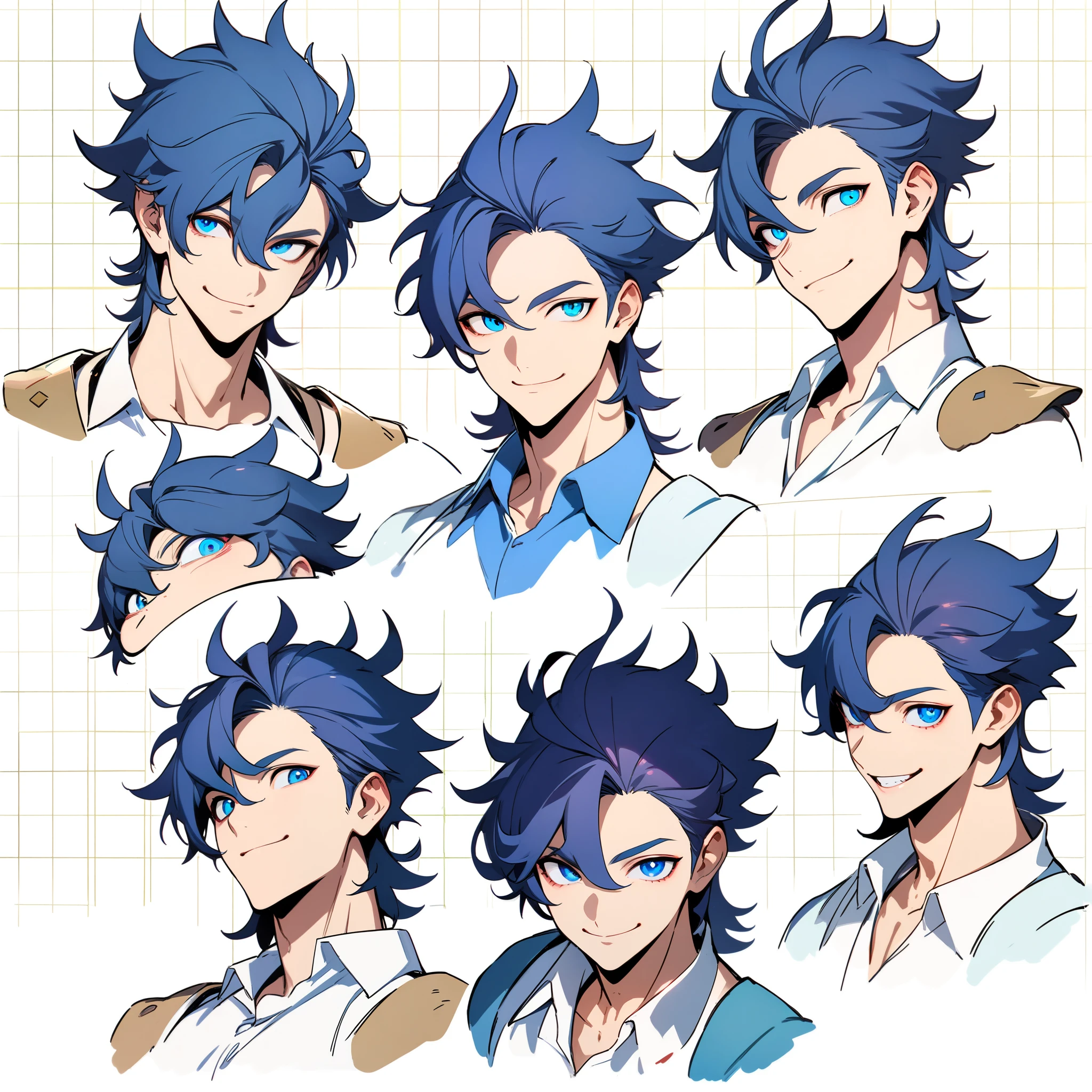 anime boy, dark blue hair, blue eyes, smiling, head, same boy, different angles, grid, 9 faces, high quality, concept, handsome, spiky hair, perfect lineart, sharp lineart, best quality, high quality, best quality, ultra-detailed, HD, beautiful lighting,