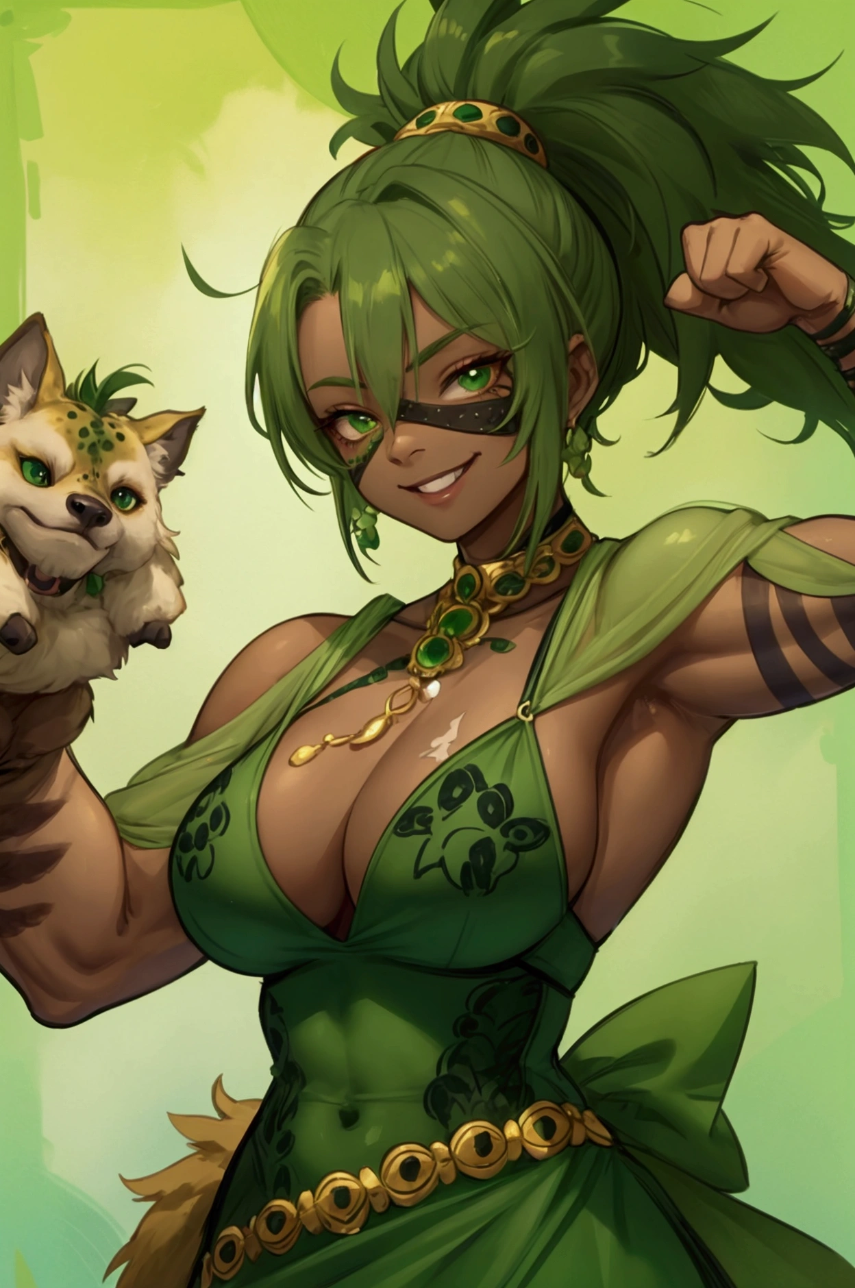 Muscular hyena woman with scars, smiling, anthropomorphic, wearing a green dress and a green eye patch, striking a bodybuilding pose.
