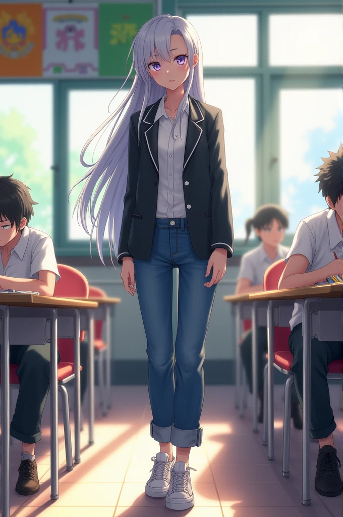 1girl, female, androgynous, my hero academia, boku no hero, silver hair, super long hair, cute, wearing uniform, wearing casual clothes, in classroom, lavender eyes