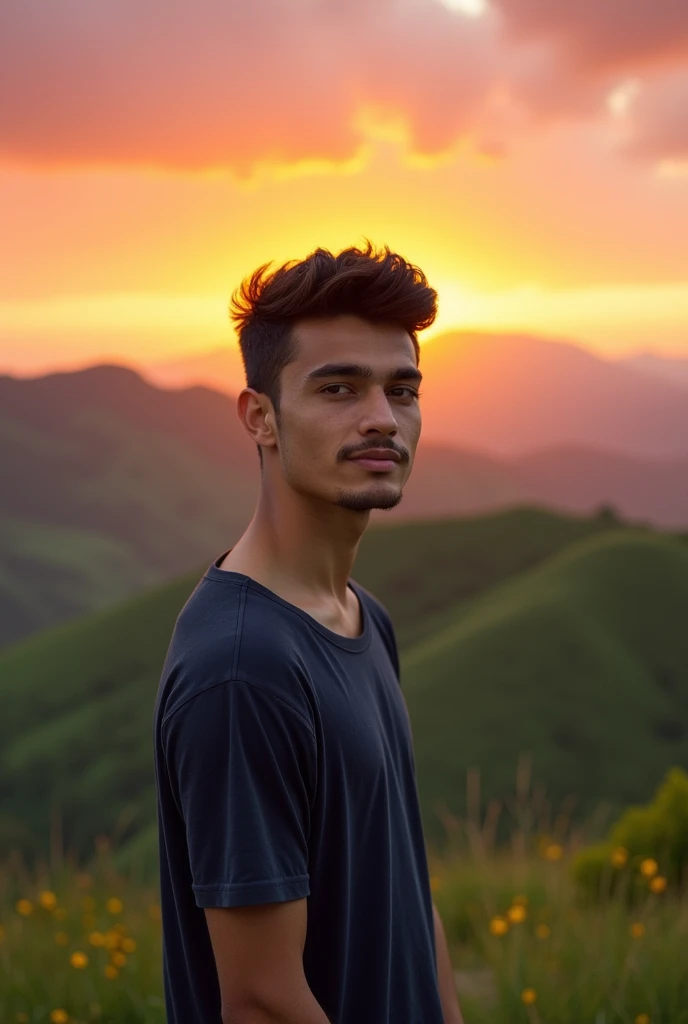 A handsome, funny young man standing against a beautiful scenic background with short black hair.