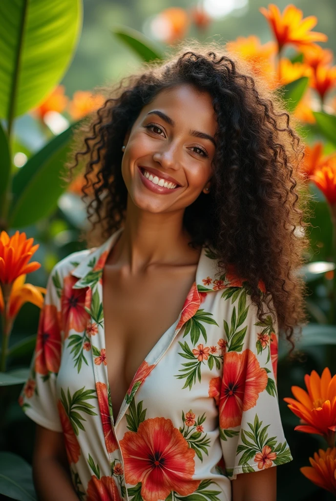 A Brazilian woman in a lush tropical garden, wearing an open shirt with a floral print, with a close-up capturing the harmonious beauty between her breasts and the natural flowers, showing off your natural charm and outgoing personality.
