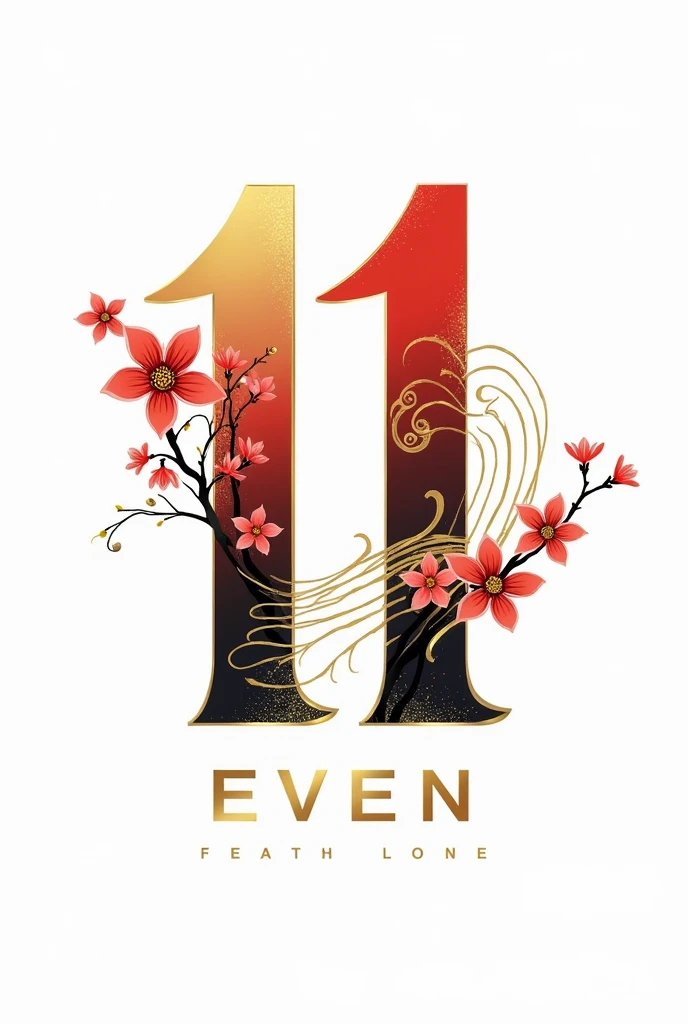 A logo with the word 11even, with golden hues, red, black and white, as well as certain Japanese Asian features