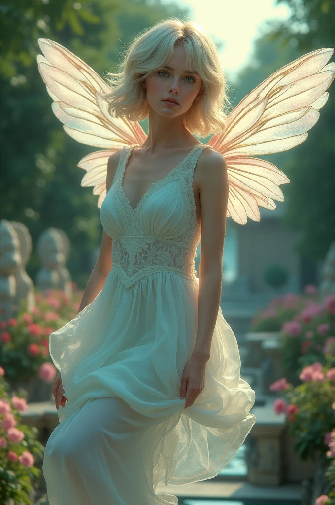 short flowing hair she has heterochromatic eyes, with light blue eyes. Draw a upper class young woman with slanted eyes in anime hovering by her wings