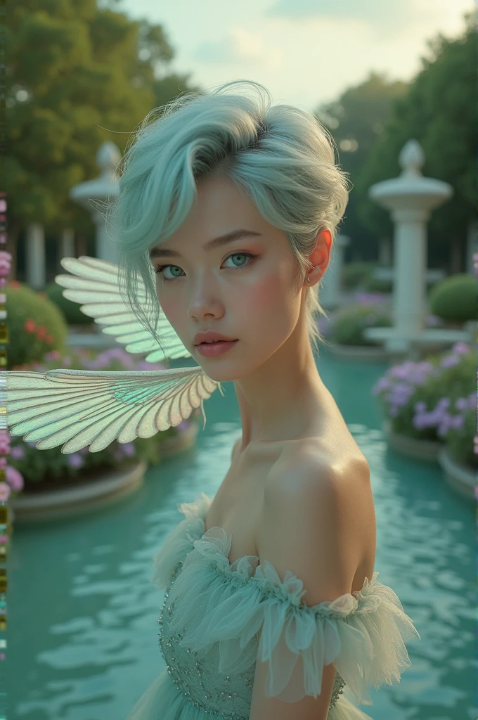 short flowing hair she has heterochromatic eyes, with light blue eyes. Draw a upper class young woman with slanted eyes in anime hovering by her wings