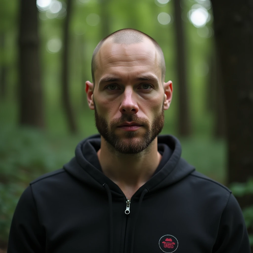 Create an image of a 27-year-old bald man named Claudinei who is in a forest