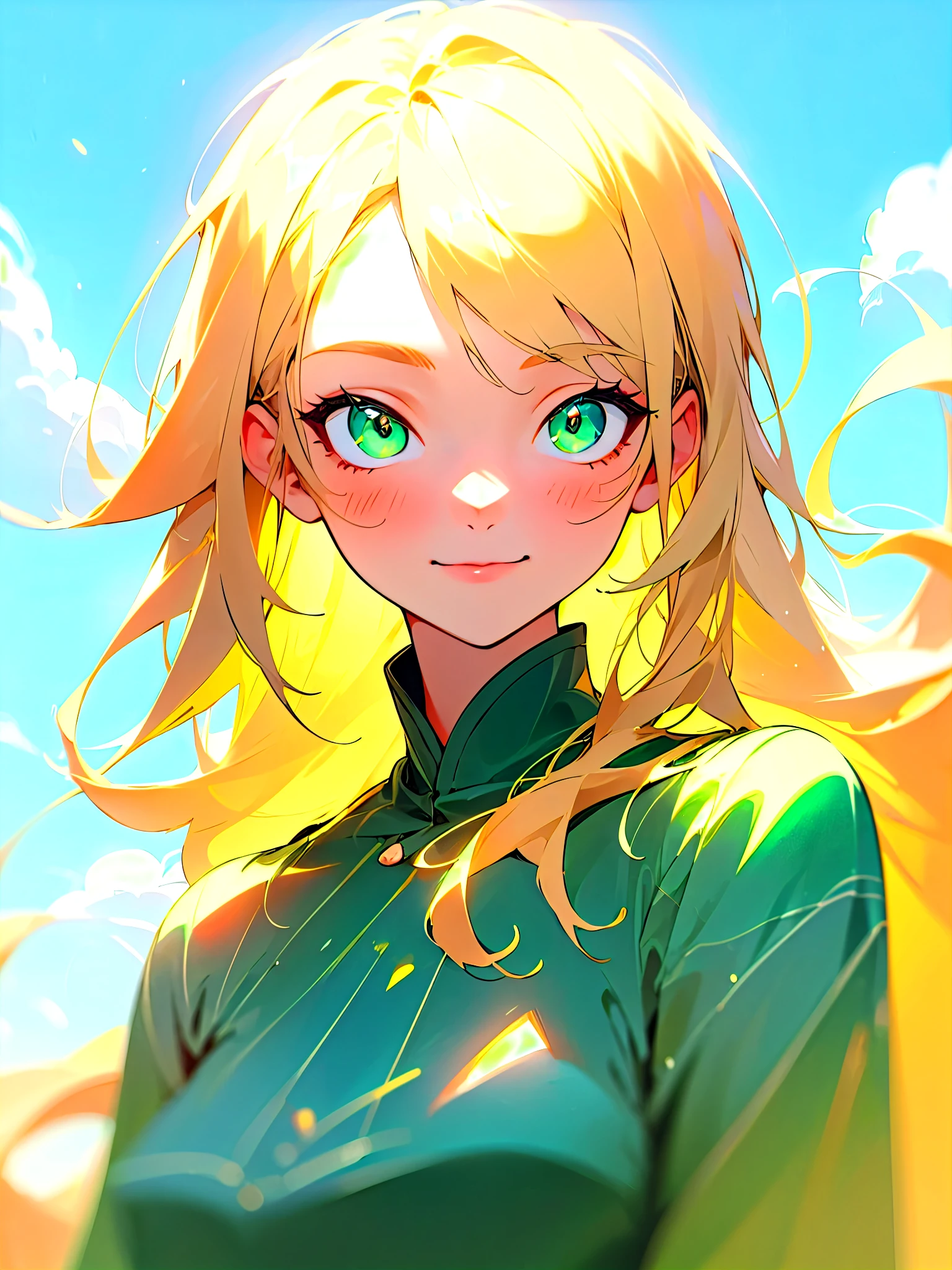 beautiful cute and gentle girl, blonde hair, green emerald eyes are glowing, shiny azure background with sky and clouds, mysterious look with gentle smile, blur and soft colors, non-portrait