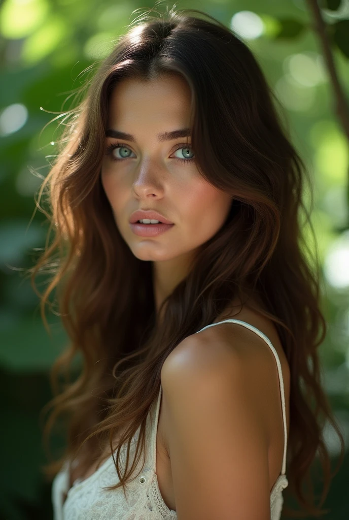 Une femme brune aux yeux bleus nue