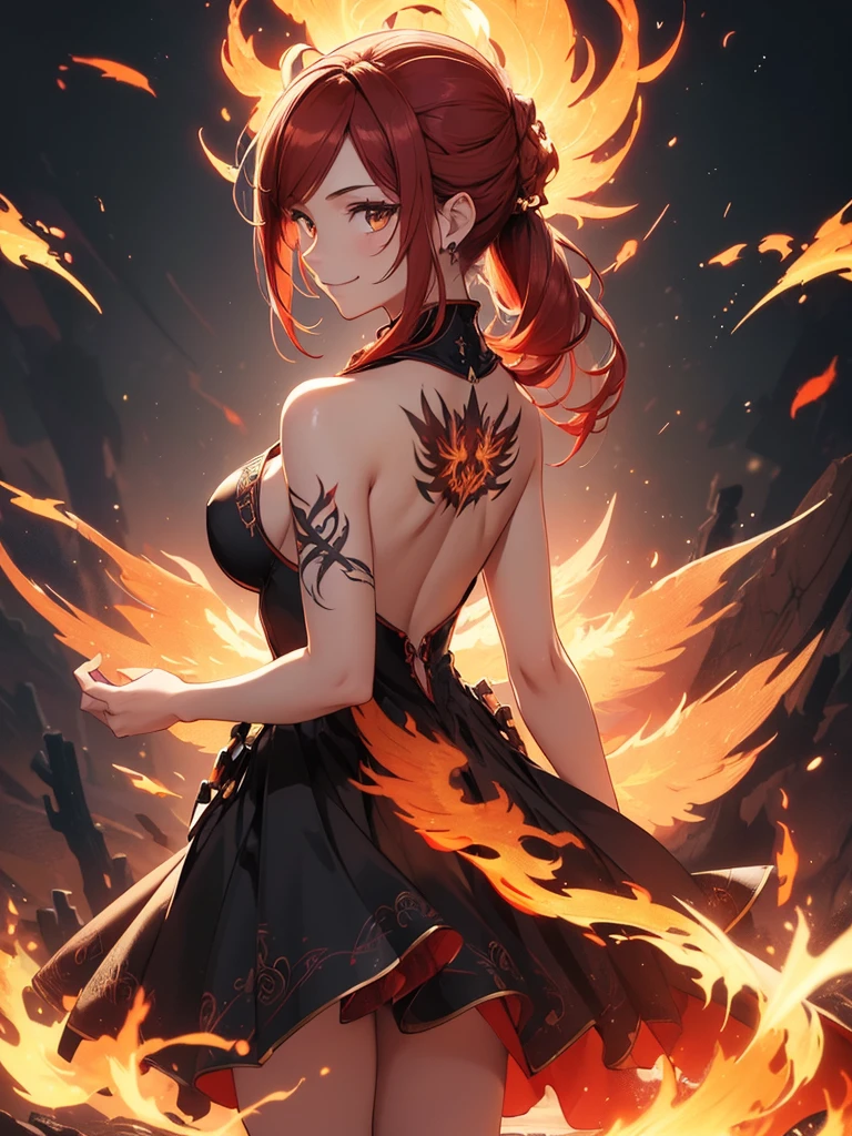 (((best quality, sharp image, clear image, cinematic lighting, 8k resolution, masterpiece, ultra detailed, intricate))) Girl casting magic, (((looking over left shoulder))), (shot from behind), ((shot from hip up)), fiery red hair, pigtails, ((intricate black dress)), ((flaming sigils, flaming runes)), spiky rock formations, (flaming lotus flowers frame), (intricate background), (chaotic background), ((Phoenix)), (swirling flames), smiling,tatoo on back