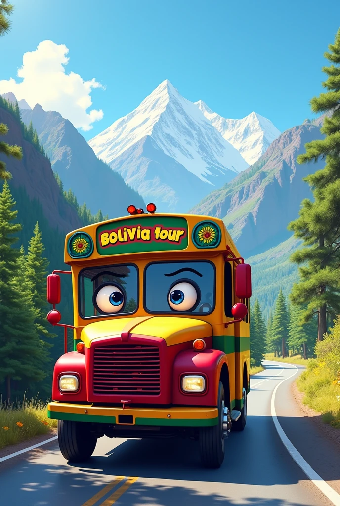 a Bolivian bus with the Bolivian flag, red, yellow and green, that has the name "Bolivia tour" animated style for children