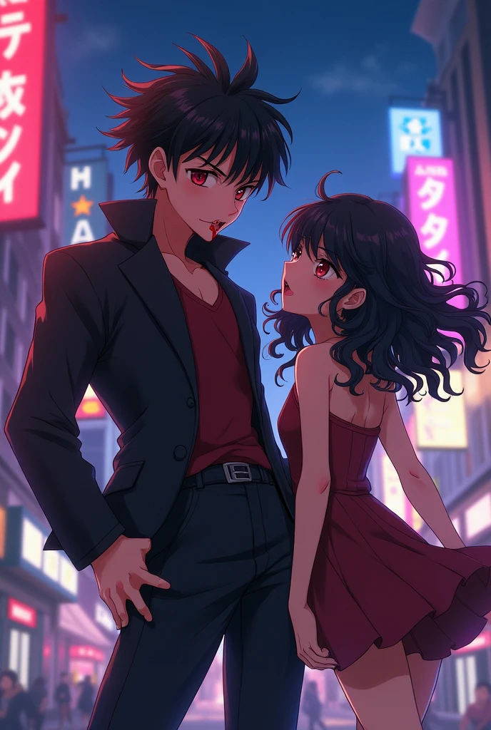 A red-eyed fighter, nosebleed, with a smile, アニメ, Bblack hair, com uma garota de Bblack hair cacheado e vestido curto ao seu lado