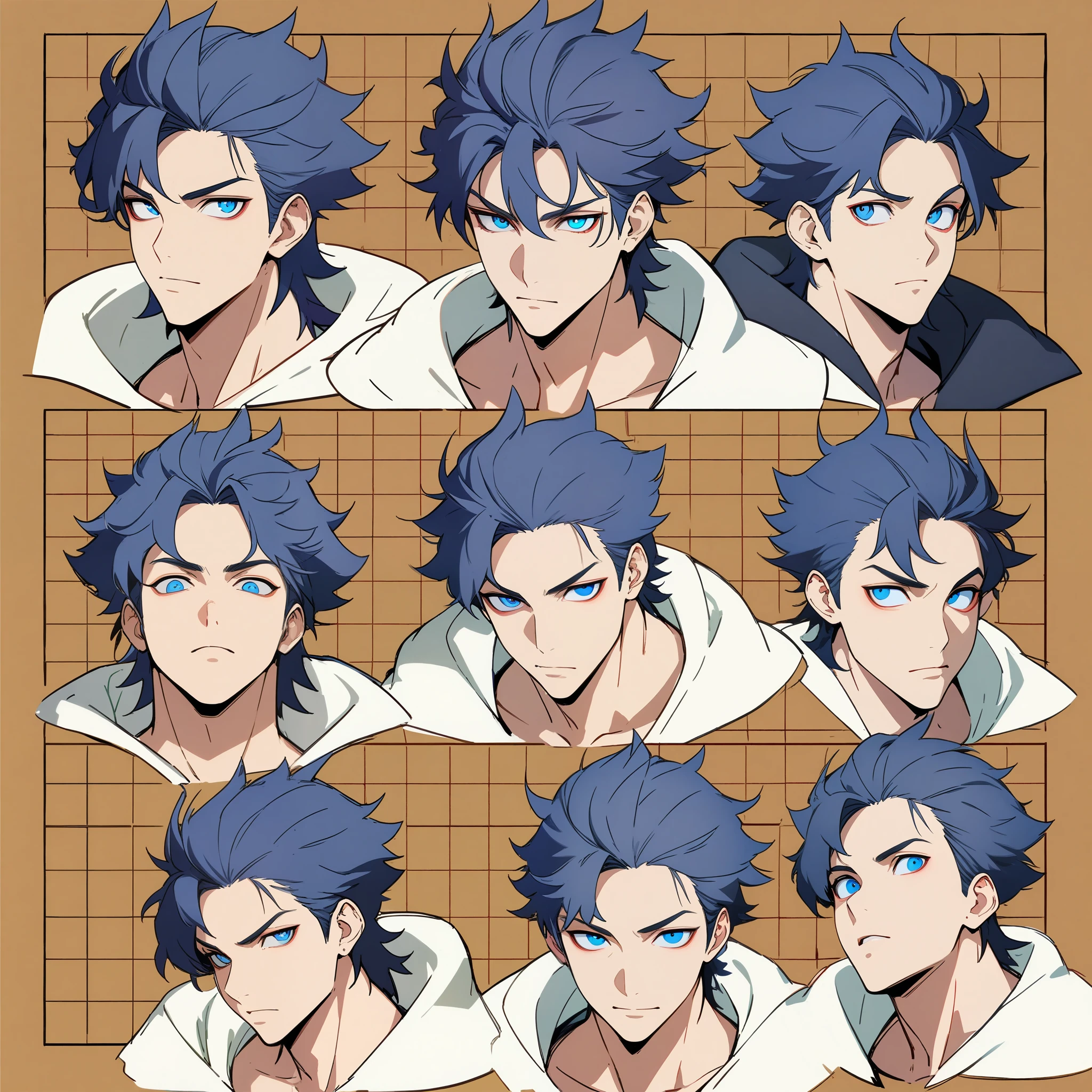 anime boy, dark blue hair, blue eyes, head, same boy, different angles, grid, 9 faces, high quality, concept, handsome, spiky hair, perfect lineart, sharp lineart, best quality, high quality, best quality, ultra-detailed, HD, beautiful lighting,