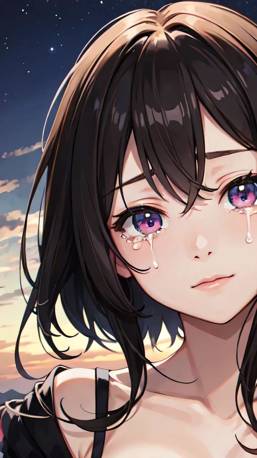 ((best quality)), ((masterpiece)), (detailed), One beautiful girl,night,I am enveloped in the silence of night.,When tears fall, The glimmer of the stars tells me, Tomorrow is a new beginning,Close up of face