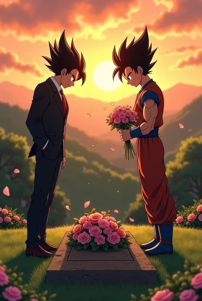 Dragon Ball characters gather memorial Lay flowers on the grave Sad face Wukong Vegeta In a suit high resolution I'm praying
