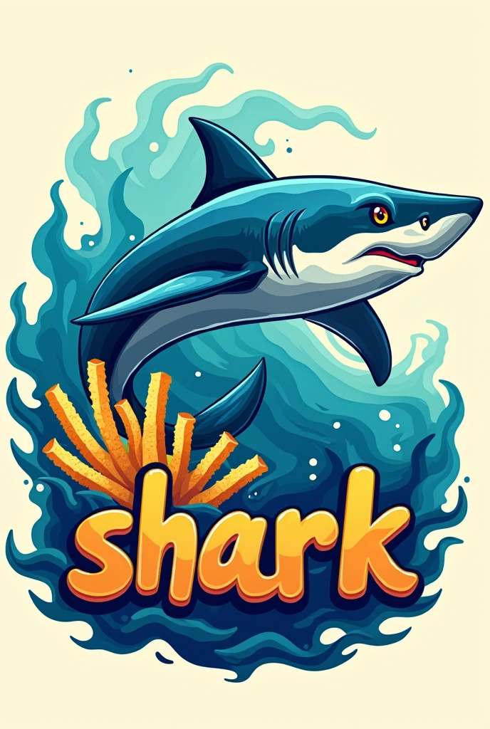 A corporate logo featuring a shark and chips element